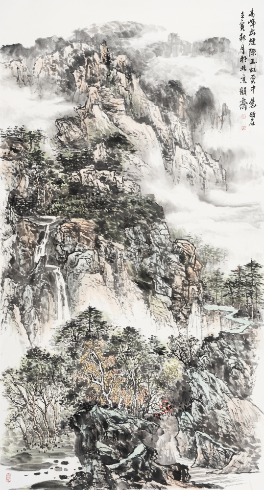 高峰出烟际，玉虹云中悬