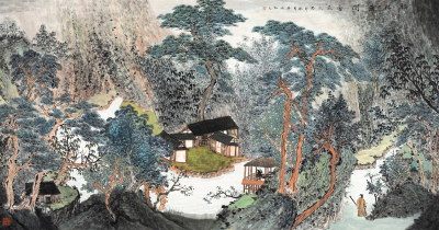 松林草阁图