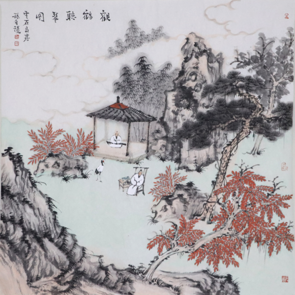 观鹤听琴图